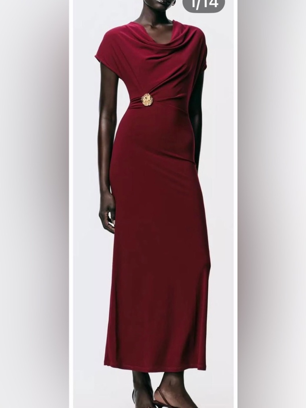 Zara Elegant Burgundy Draped Maxi Dress with Decorative Brooch NWT